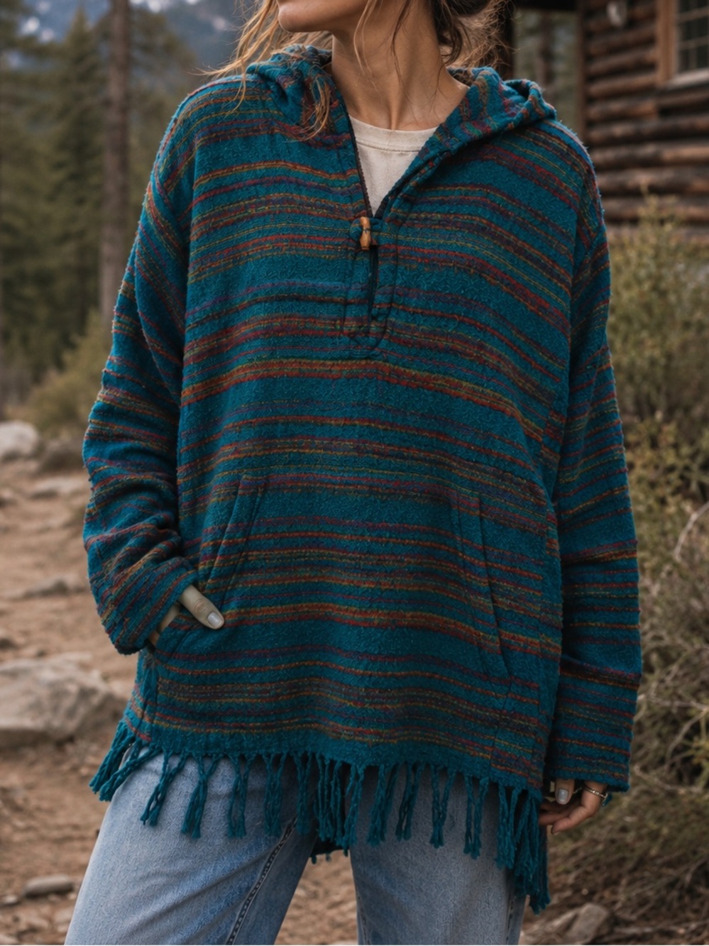 100% Wool Striped Teal Hooded Fringe Pullover Boho Western Equestrian Gorpcore